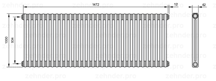 Схема (чертеж) Радиатор Zehnder Charleston 2100/32 №1270 Белый глянцевый RAL 9016